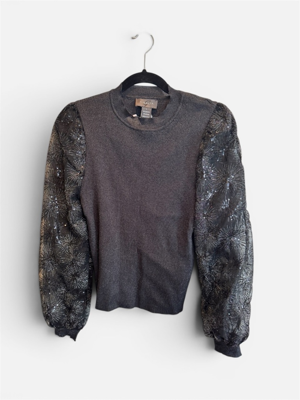 Gracia Black Puff-Sleeve Embroidered Knit Top